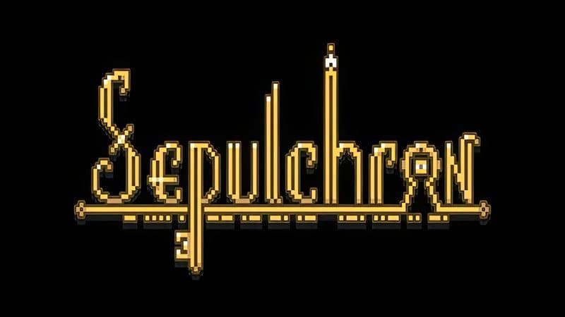 Sepulchron: Decorative logo with pixelated golden letters on a black background, resembling an ornate, illuminated script.