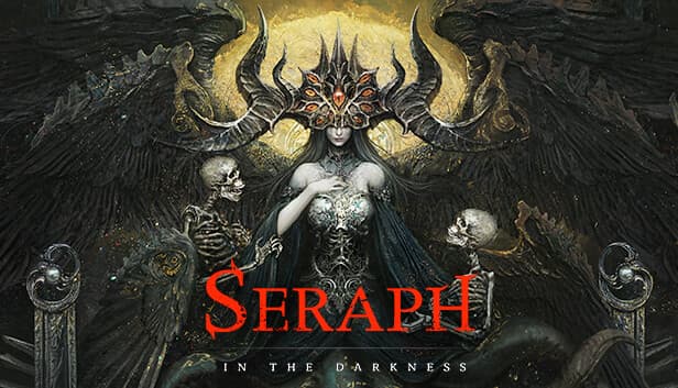 SERAPH: A mystical woman with horned crown stands between winged skeletons, dark wings spread in gothic environment.