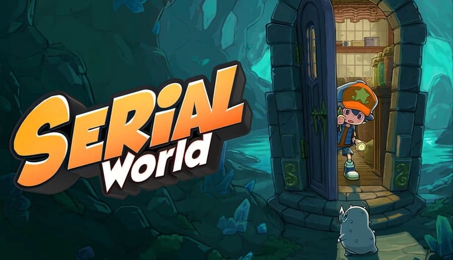 Serial World: young boy in cap holds lantern at stone doorway while gray creature waits in a blue cave dungeon.