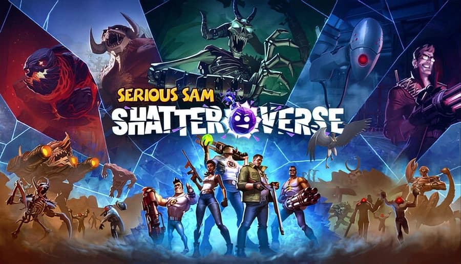 Serious Sam: armed man leads teammates aiming guns at monsters amid shattered alien ruins under a stormy sky.