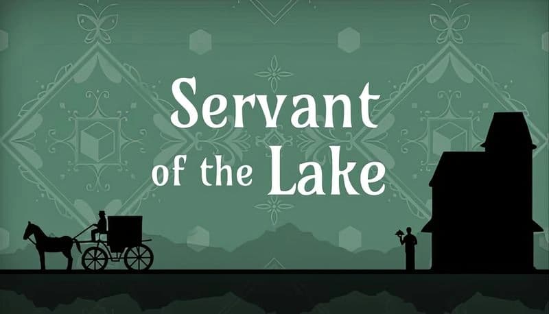 Servant of the Lake Demo: Silhouette of a horse-drawn carriage approaches a house against a patterned green background.