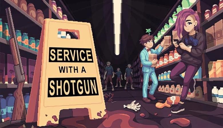 Service with a Shotgun: Young woman texts, boy holds box in zombie-filled store aisle with spilled items and shotgun sign.