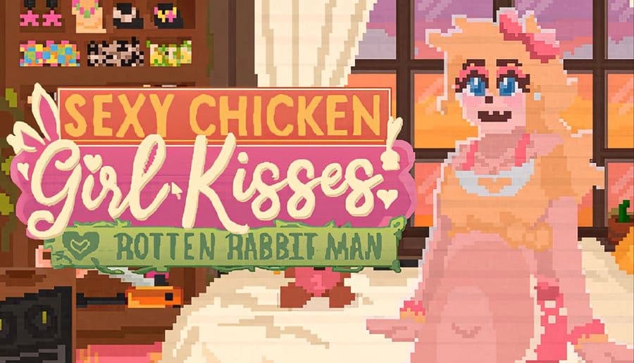 Sexy Chicken Girl Kisses Rotten Rabbit Man: Pixel art bunny-eared young woman in pink lingerie stands in bedroom by bed and window.