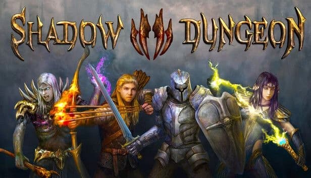Shadow Dungeon: Four fantasy warriors ready weapons with glowing magic and armor against a stormy gray backdrop.