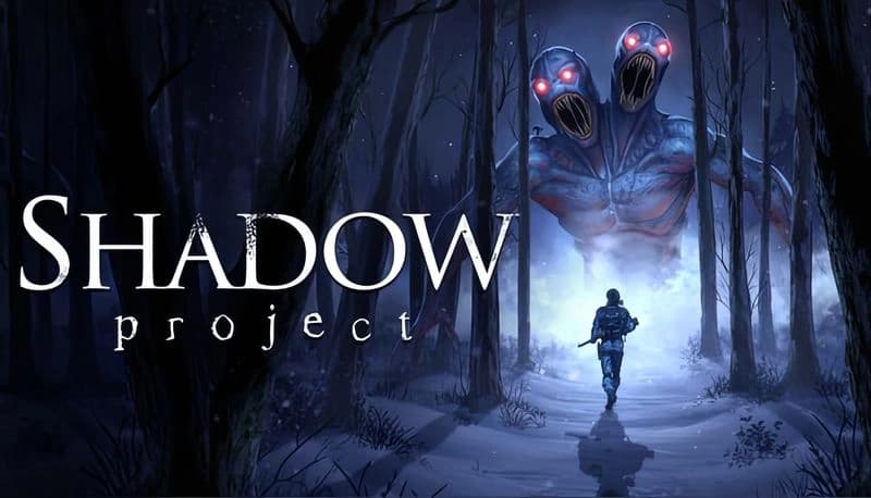 Shadow Project: Soldier trudges through snowy forest towards massive two-headed beast with glowing red eyes at night.