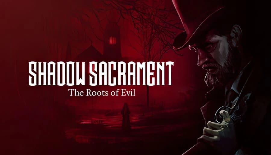 Shadow Sacrament: bearded man in fedora grips silver cross pendant close-up against red foggy graveyard backdrop.