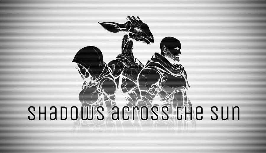 Shadows Across The Sun: armored woman and man back-to-back, energy cracks on bodies, in gray void with title.
