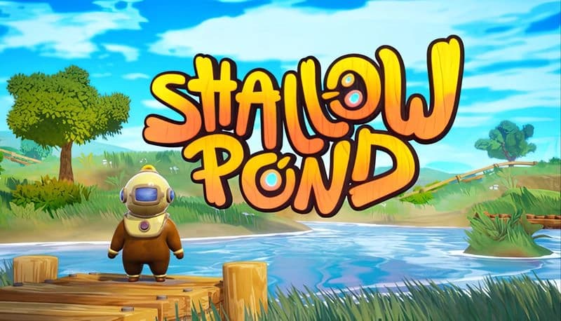Shallow Pond: A diver in a bulky suit stands on a wooden dock by a serene pond, with bright skies and lush trees in the background.
