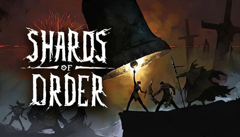 Shards of Order: Young woman with torch confronts armored figure below giant bell, amidst shadowy silhouettes and crosses.