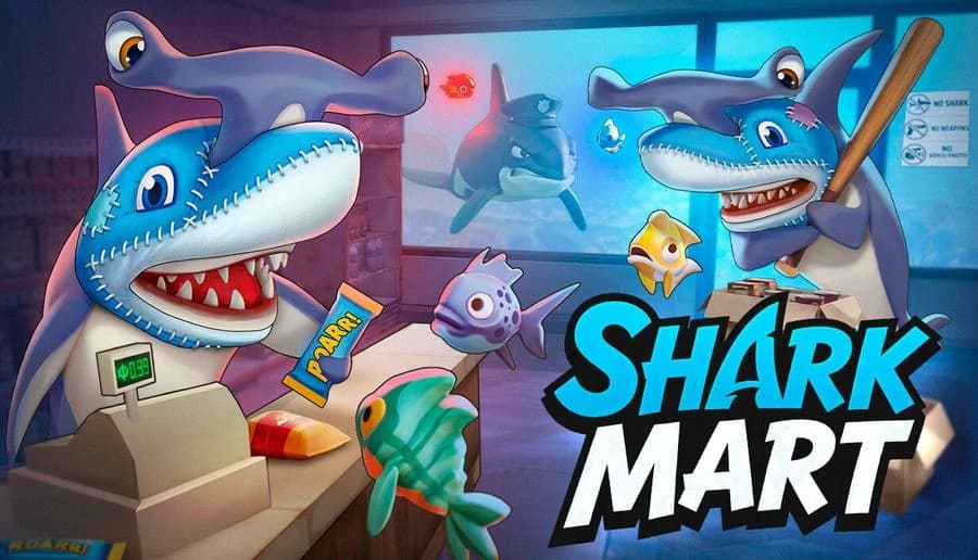 Shark Mart: Smiling cartoon shark cashiers in a store, one scanning items at register, fish customers in aisles.