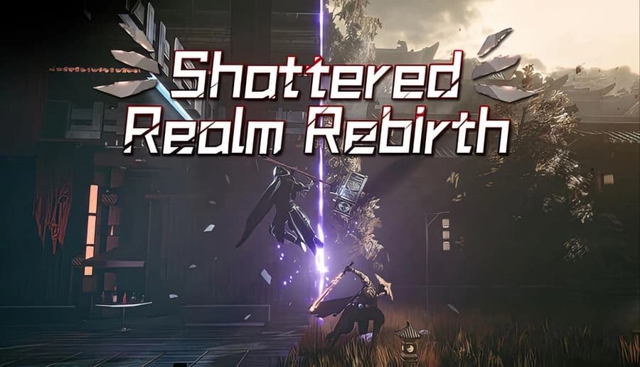 Shattered Realm Rebirth: Stormy landscape with glowing swords, shadowy figures, and distant ruins under dark clouds.