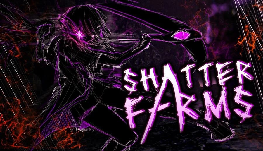 SHATTERFARMS: Hooded figure with glowing purple eye and long hair in dark, scratchy purple void backdrop.