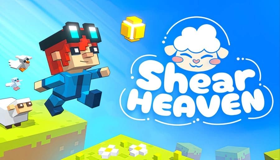 Shear Heaven: voxel boy with red hair and goggles jumps toward gold cube above floating grass islands and sheep.