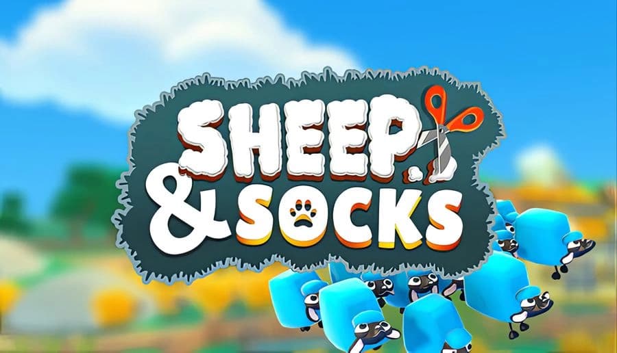 Sheep & Socks: White woolly title letters with red scissors icon over blurred green field and orange buildings background.