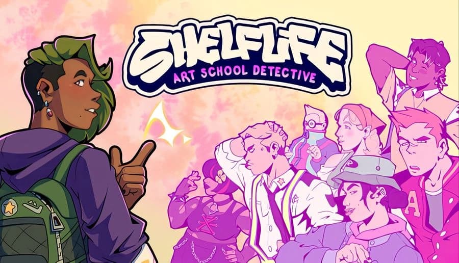ShelfLife: Green-haired young woman points finger guns toward collage of art students on a pink-yellow background.