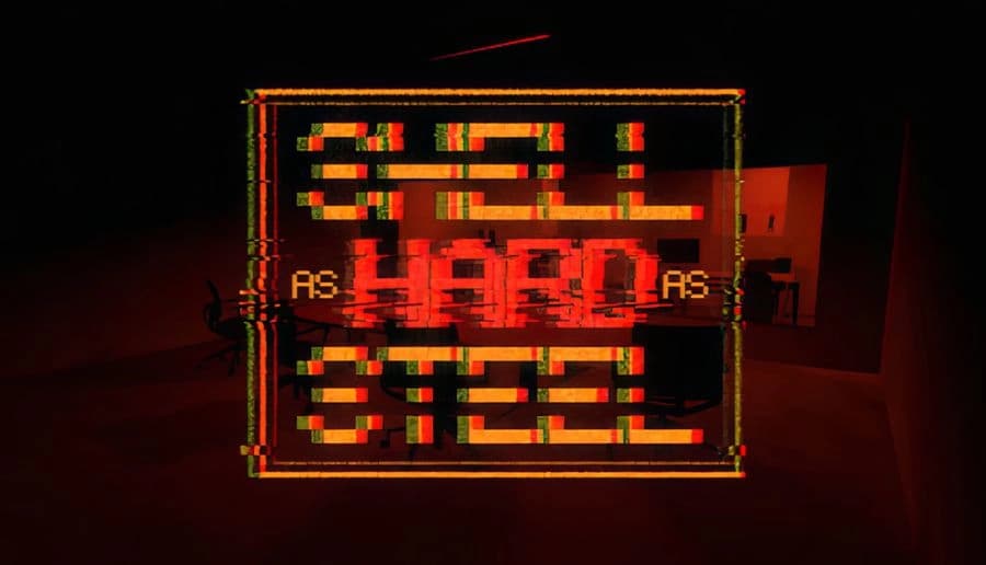 Shell as Hard as Steel: pixelated title graphic beside a red-lit monitor screen in a dark, grainy room setting.