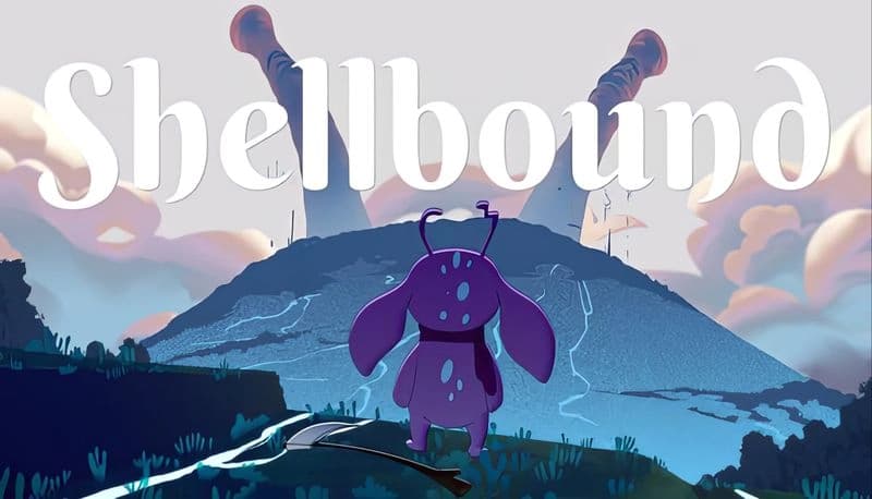 Shellbound: Purple creature stands on hill facing giant snail antennae, vibrant landscape with swirling clouds behind.