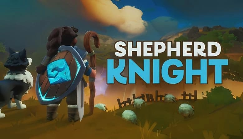 Shepherd Knight: Warrior with staff and shield watches over sheep with dog on hill, dramatic sky and landscape in background.