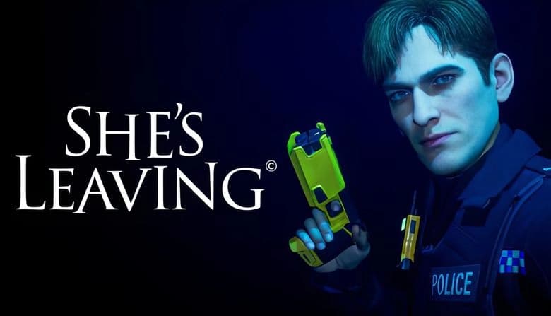 She's Leaving: Male officer holding a yellow taser in dim blue lighting, wearing a police uniform with serious expression.