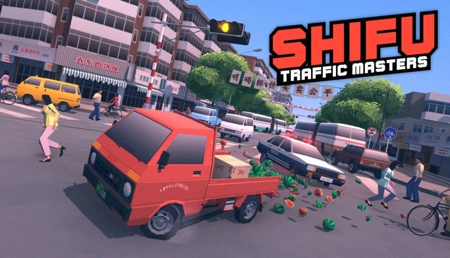 SHIFU: Red mini pickup spills watermelons in busy city intersection with taxis, pedestrians, and bicyclists nearby.