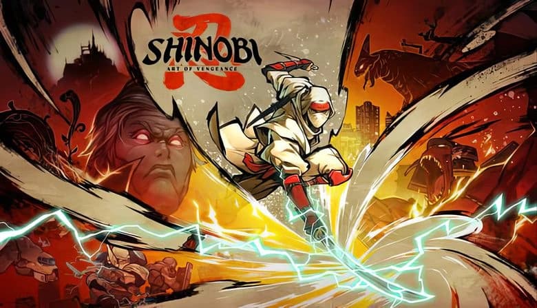 SHINOBI: Masked ninja in white leaps forward wielding glowing sword against fiery cityscape backdrop with looming figures.