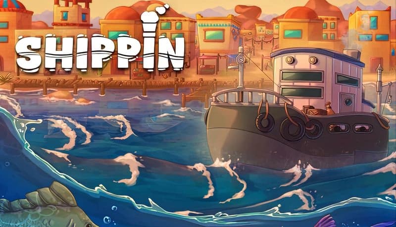 Shippin: A small boat navigates through blue ocean waves toward a vibrant harbor with colorful buildings under a sunny sky.