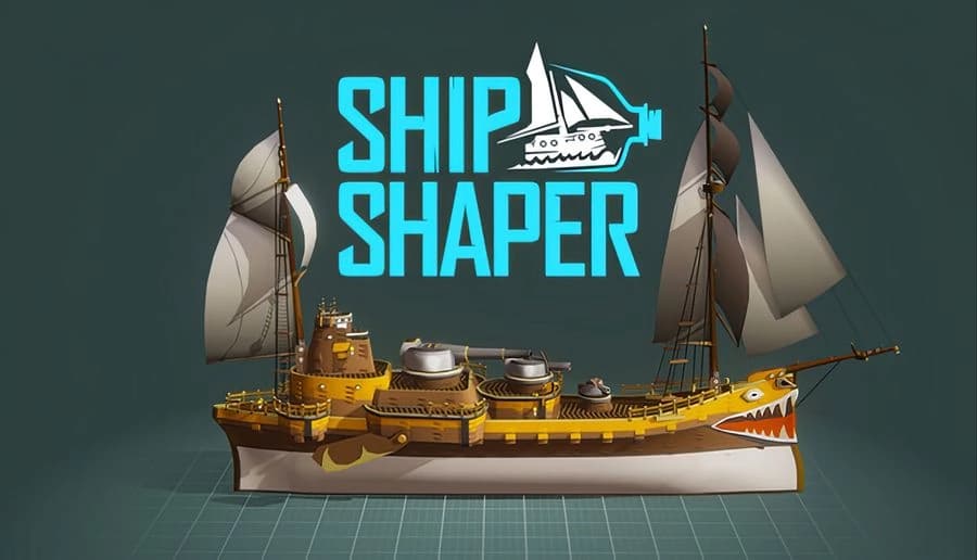 ShipShaper: Detailed brown battleship model with sails and gun turrets on a teal grid background in a studio view.