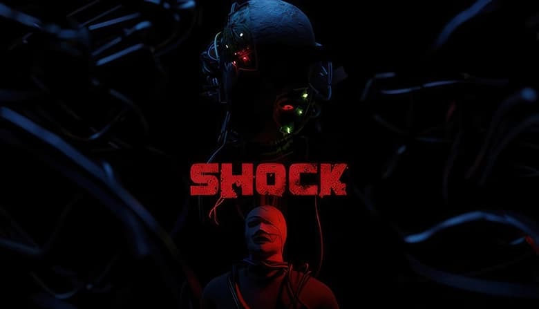 A cybernetic humanoid with glowing eyes looms in darkness above a bandaged man, surrounded by cables and shadows.