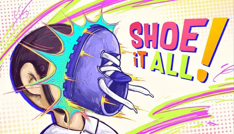 Shoe it All!: A young man is hit in the face with a purple shoe, colorful comic-style impact lines radiate around his head.