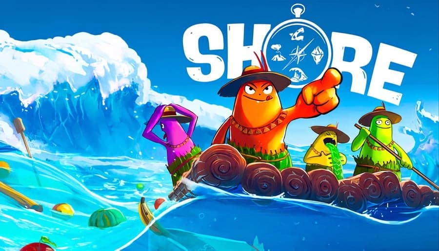 SHORE: Cartoon raft crew of sea creatures ride rough waves, one points ahead, towering blue ocean swells around them.