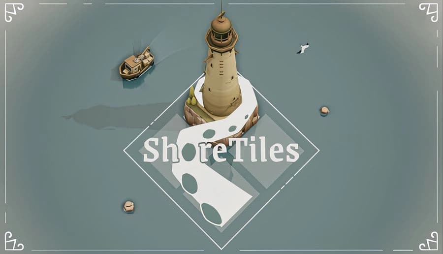ShoreTiles: Tall lighthouse between sandy island tiles with small harbor buildings, boat offshore, seagull over sea.