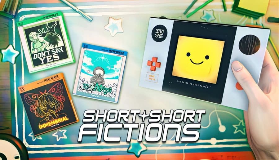 Short Short Fictions: Hand holds retro handheld console with smiling screen, three game cards on star-pattern bedspread.