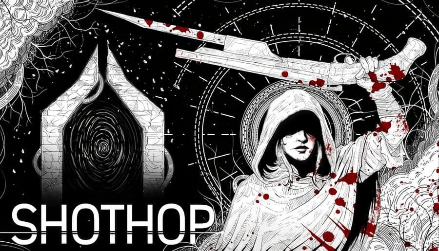 Shothop: Hooded woman raises bloody sword beside dark portal and clockwork ring in stark black-and-white void.
