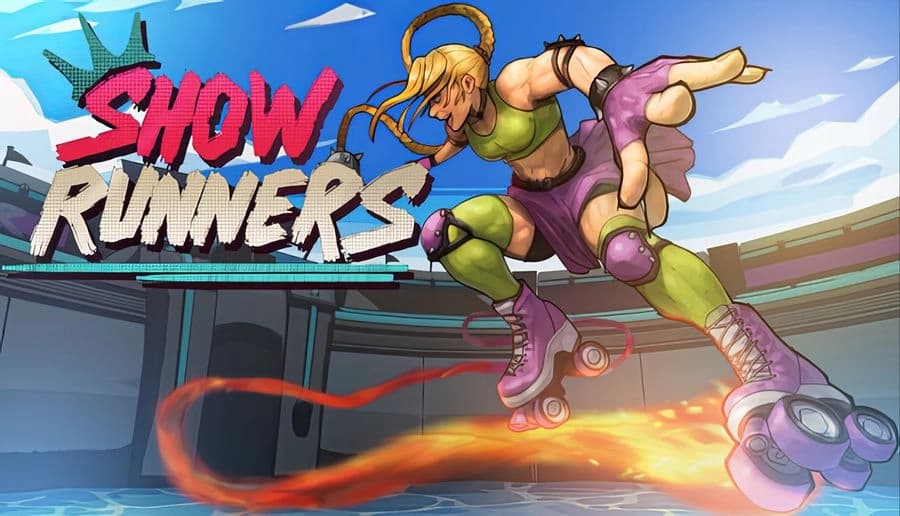 Showrunners: muscular blond man lunges forward with rope loop behind him, beside purple-clad woman on arena set.