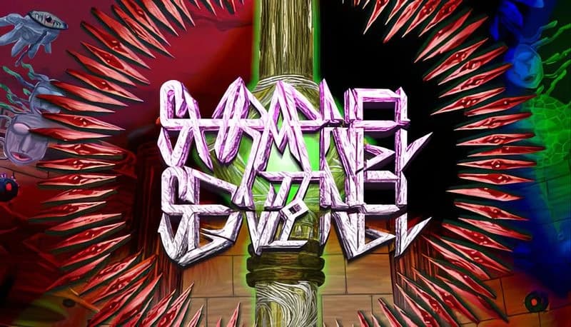Shrapnel Sentinel: Spiked red vortex encircles central glowing pillar, with abstract forms and vivid colors in background.