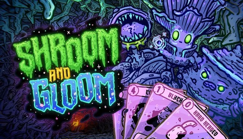 Vibrant scene with glowing green-eyed mushroom monsters in a dark, tangled forest. Four illustrated cards in foreground.
