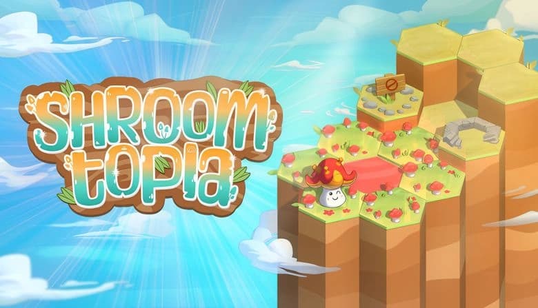 A smiling mushroom character stands on grassy, floating hexagonal platforms amid red shrubs next to a red liquid pool.