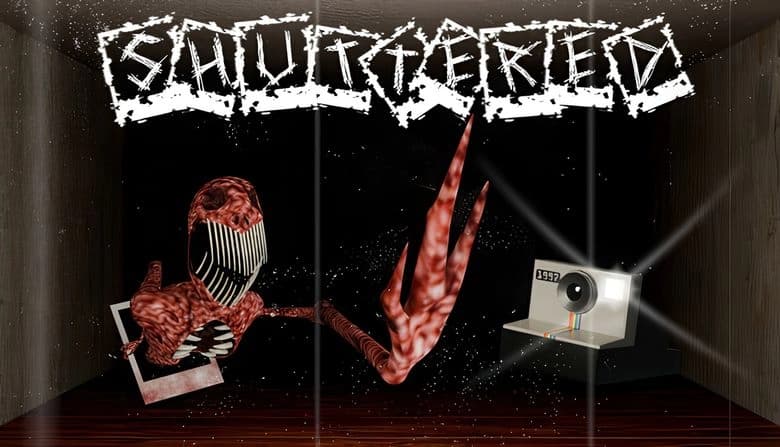 Shuttered: Monster with long, sharp teeth emerges from polaroid photo, reaching toward vintage camera in dark wooden room.