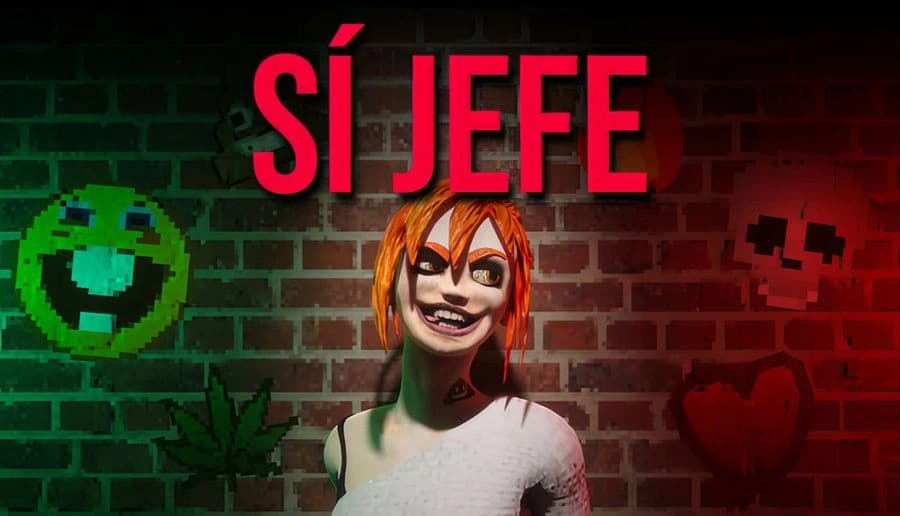 Sí Jefe: Smiling pale woman with orange hair and dark eye makeup in front of brick wall with green and red icons.