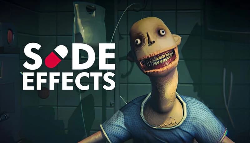 SIDE EFFECTS DEMO: A grinning, wide-eyed figure in a hospital gown in a dim room with medical equipment behind them.