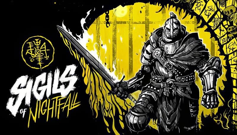 Sigils of Nightfall: Armored knight with flaming sword strides from archway in yellow-lit dungeon adorned with skulls.