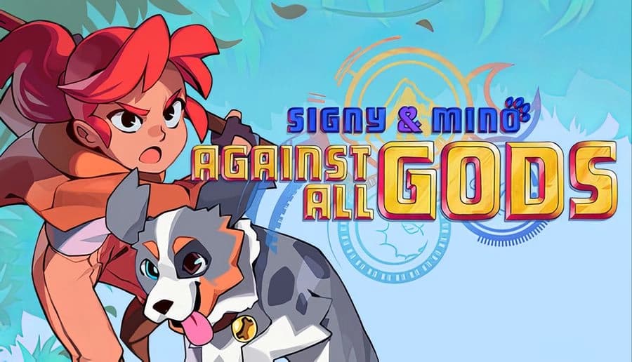 Signy & Mino: Red-haired young girl grips a staff beside gray fox companion, sky-blue background with symbols.