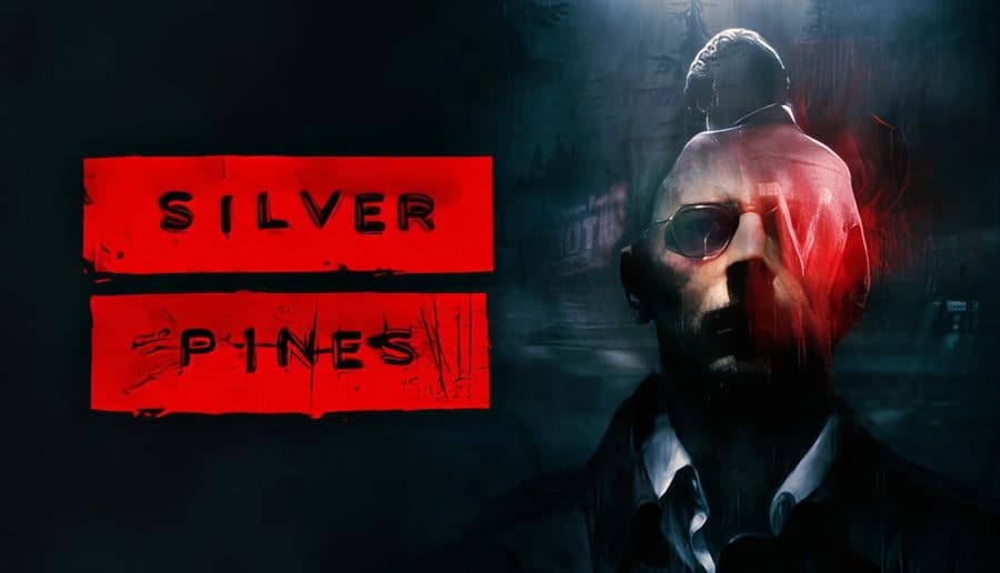 Silver Pines: man in suit with glowing red eye stares ahead, face half in shadow against smoky blue background.