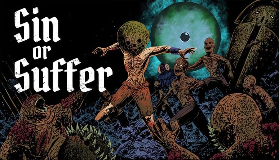 Sin or Suffer: undead skeletons claw forward amid rubble and graves under a huge green moonlit sky at night.
