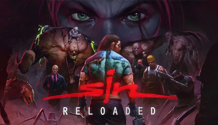 SiN Reloaded: Man with long braided hair and sunglasses faces away, with hulking mutants and a giant woman’s eyes backdrop.