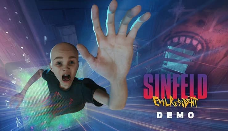 A young bald man with a fearful expression extends his arm from a glitching TV. Behind, a face with a door as its mouth.