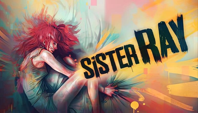 Sister Ray: Young woman with red hair sleeps, clutching bed tightly in abstract backdrop, wearing sleeveless dress.