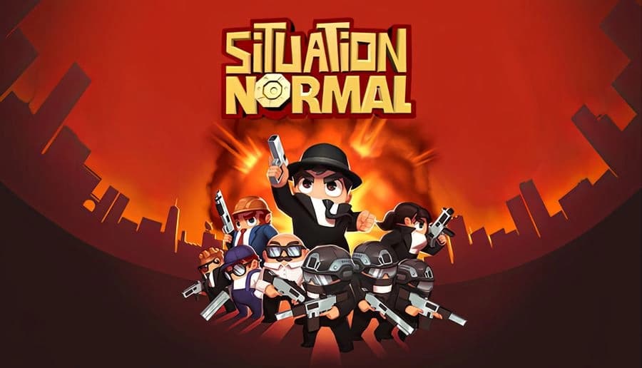 Situation Normal: Squad of armed cartoon soldiers aiming guns as explosions flare behind them in an orange scene.