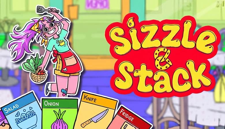 Sizzle & Stack: Young woman with pink hair holding spatula and basket in vibrant kitchen setting with ingredient cards.
