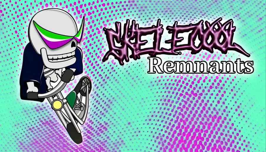 Skelecool: grinning skeleton in sunglasses leans on a motorcycle, neon graffiti title over teal forest backdrop.